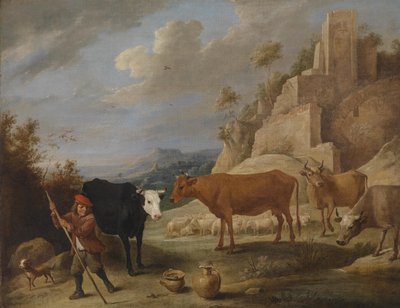 Ein Hirt mit seiner Herde in einer Landschaft mit Ruinen von David Teniers the Younger